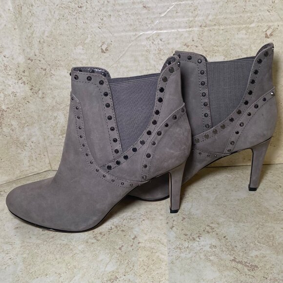 Gray Suede Studded High Heel Ankle Boots With Elastic Gore Detail - Picture 4 of 10